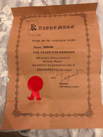 Certificate from Simon Nicholls, Series 1 Team 3 dungeoneer